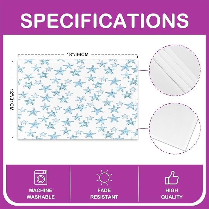 Feelyou Placemats Set of 4 12"x18" Coastal Beach Ocean Table Mats Placemat Room Decor Teal Blue Placemats for Dining Table Indoor Outdoor Kitchen Ocean Marine Decor Table Place Mats Hawaiian Sealife - Image 4