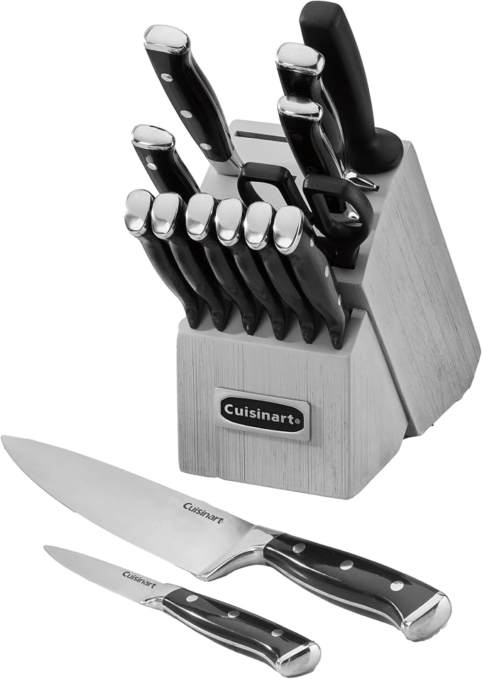 Cuisinart Classic Forged Triple Rivet, 15-Piece Knife Set with Block, Superior High-Carbon Stainless Steel Blades for Precision and Accuracy (Black/Gray) by Cuisinart