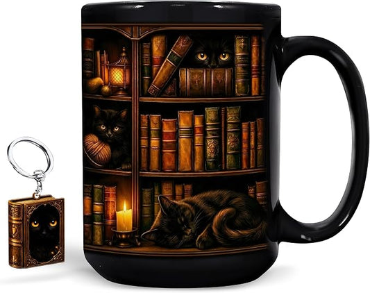Hyturtle Black Cat Bookshelf Coffee Mug 15 Oz, Book Lover Gift for Women | Includes Matching Mini-Book Keychain; Cozy Literary Ceramic For Readers, Librarians And Bookworms On Birthdays Or Christmas by Hyturtle