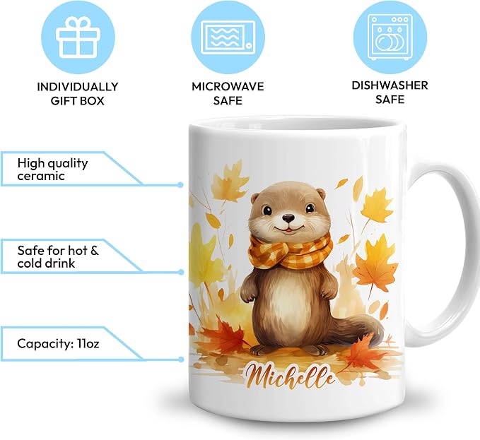 Hyturtle Personalized Fall Otter Maple Leaves Coffee Mug, Fall Autumn Décor | Birthday Gifts For Otter Lovers - Gifts For Farmhouse Thanksgiving - Custom Name 11oz White Ceramic Coffee Tea Mug - Image 3