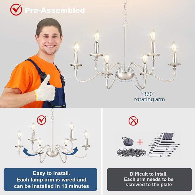 Depuley Modern Chandelier for Dining Room: 6-Light Brushed Nickel Farmhouse Hanging Ceiling Pendant Light Fixture for Kitchen Island - Industrial Vintage Candle Chandeliers for Living Room - Image 4