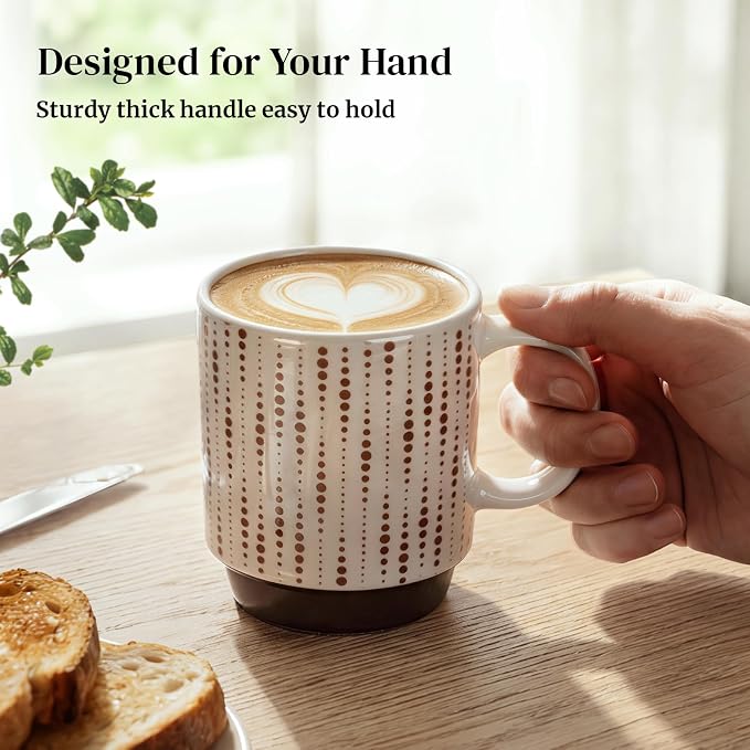 DOWAN Stackable Coffee Mugs, 12 oz Ceramic Coffee Mug Set of 4, Coffee Cups with Chocolate-Colored Geometric Patterns for Latte, Cappuccino, Cocoa, Dishwasher & Microwave Safe, Off White - Image 4