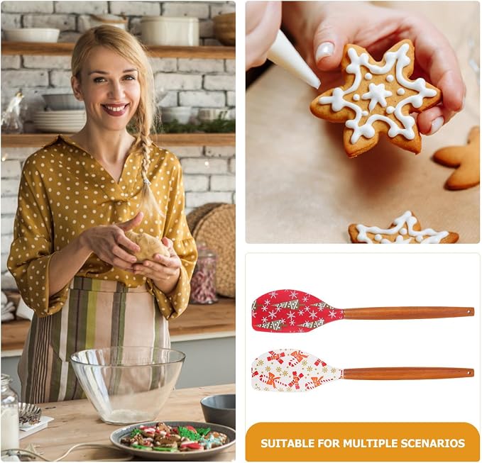 Ipetboom 2pcs Multi-functional Silicone Baking Spatula for Dessert Preparation and Cake Batter Handling with Wood Handle, Christmas Kitchen Baking Tool for Scraping and Forming - Image 7
