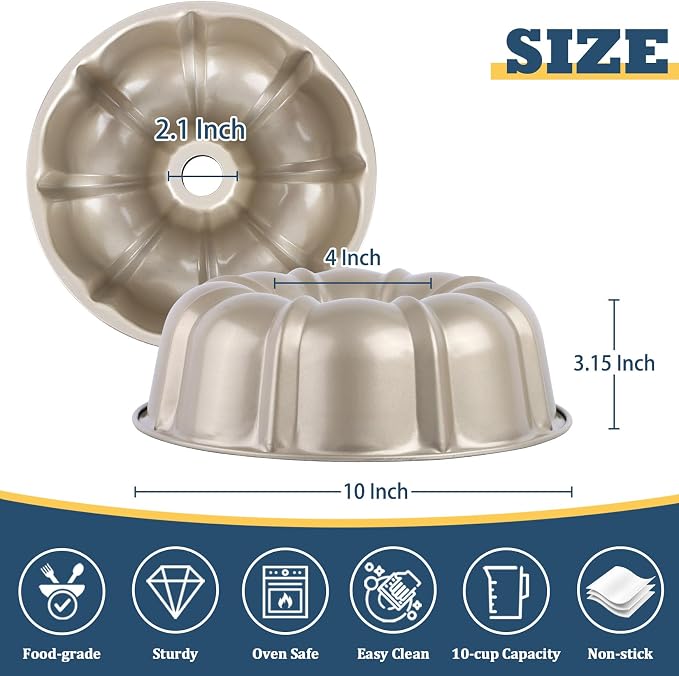 P&P CHEF 10 Inch Light Gold Non-stick Cake Pan, Carbon Steel, 1 Piece | Fluted Tube Round Baking Pan for Pound Cake, 10-Cup Large Capacity Bakeware, Healthy & Heavy Duty - Image 2
