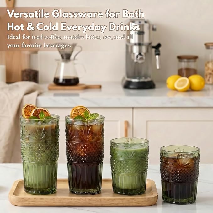 Green Drinking Glasses Set of 12, 12 Oz Highball & 10 Oz Cocktail Glasses, Green Kitchen Vintage Glassware Set, Floral Embossed Glass Tumbler Cups for Beer, Juice, Whiskey, Coffee(Pineapple) - Image 4