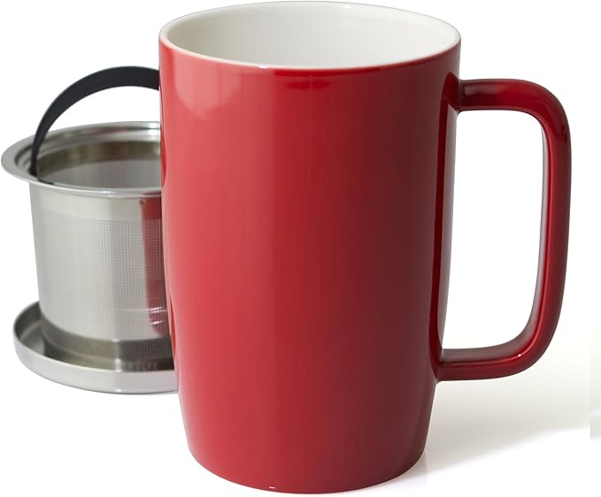 FORLIFE Dew Glossy Finish Brew-In-Mug with Basket Infuser & "Mirror" Stainless Lid 18 oz., Red