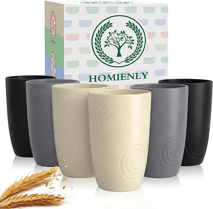 Homienly Premium Wheat Straw Cups Set of 6, Reusable 16oz Water Glasses Lightweight and Unbreakable Drinking Cups,Alternative Plastic Cup Dishwasher Safe Cups for Home and Outdoor - GreyStone by HOMIENLY