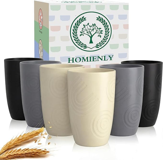 Homienly Premium Wheat Straw Cups Set of 6, Reusable 16oz Water Glasses Lightweight and Unbreakable Drinking Cups,Alternative Plastic Cup Dishwasher Safe Cups for Home and Outdoor - GreyStone by HOMIENLY
