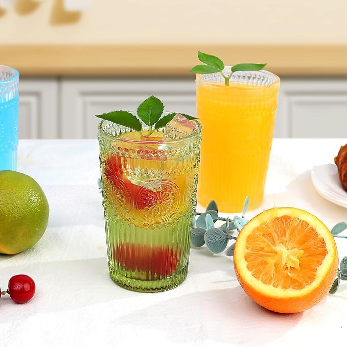 Loivttvv 6pcs Vintage Drinking Glasses Set, 12 oz Green Highball Glasses, Embossed Ribbed Glassware Cups for Cocktail, Water, Juice, Coffee, Whiskey - Image 7