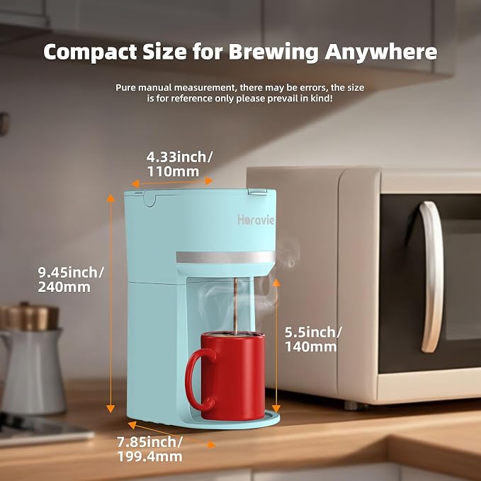 Horavie Mini Single Serve Coffee Maker for K-Cup Pod and Ground Coffee, Fast Brew One Cup Coffee Machine with Descaling Reminder and Water Window, 6 to 12 oz. Brew Sizes, Light Blue - Image 5