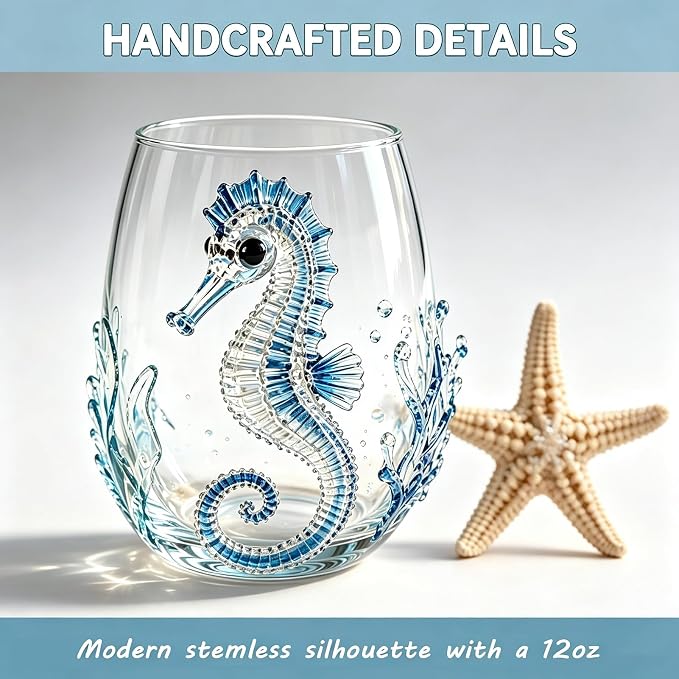 Novelty Seahorse Tumbler Glasses, 3D Artisanal Ocean Themed Embossed Cups, 12oz Decorative Bar Glassware Gift Set(1pcs) - Image 4