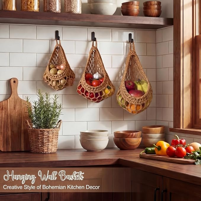 Honeydak Boho Decor Hanging Wall Baskets for Kitchen 3 Pack Teardrop Baskets with Hooks Storage Fruit Onion Vegetable Potato for Home 3 Sizes(Light Linen,Crochet,Cotton Rope) - Image 4