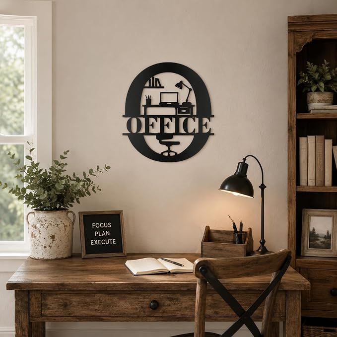 Office Metal Wall Decor, Modern Home Office Sign, 14 Inch | 14-inch matte black metal office sign with pre-drilled holes for home offices, workspaces, studios, and professional decor. - Image 8