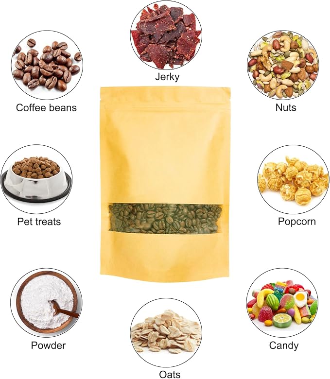 100 Pcs Kraft-Paper-Bags with Window, 7x10 inch Stand Up Zipper Pouches Bags, Zip Lock Food Storage Bag for Packaging Products, Reusable, Sealable - Image 4
