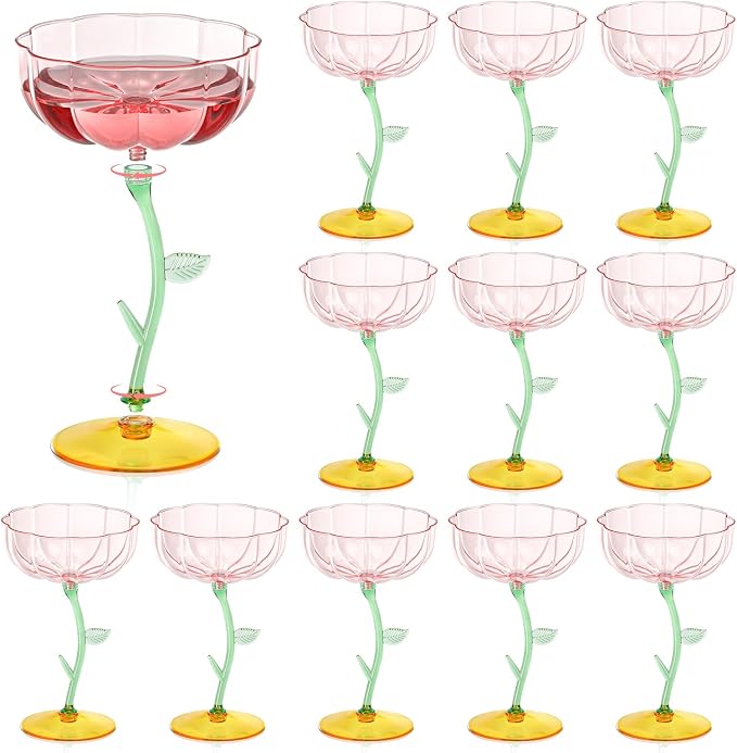 12 Pcs Pink Plastic Ribbed Coupe Glasses Detachable 7oz Flower Cocktail Glasses Modern Wavy Plastic Cocktail Coupes Disposable Martini Glasses Mimosa Glassware champagne goblets (12, PInk) by Unknown