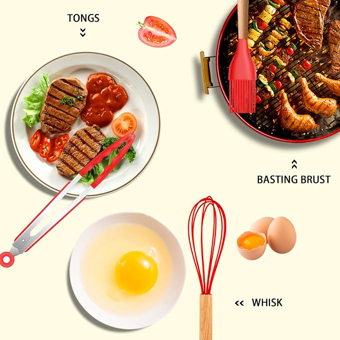 MIBOTE Silicone Cooking Kitchen Utensils Set, Wooden Handle, Red | BPA-Free, Non-Toxic Silicone Turner, Tongs, Spatula, Spoon Set – Great for Nonstick Cookware, Heat-Resistant, Easy Clean - Image 4