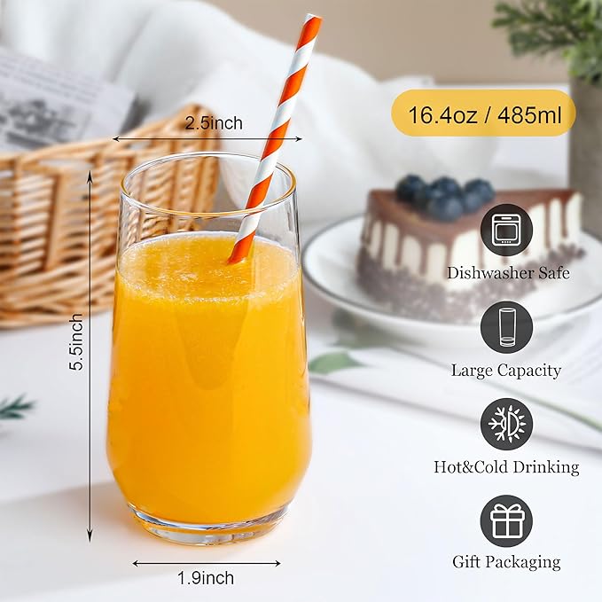 Drinking Glasses Set of 6, 16.4oz Highball Glasses, Crystal Clear Tall Glass Cups for Cocktail, Juice, Iced Tea, Mojito and Smoothies, Clear Glassware Set