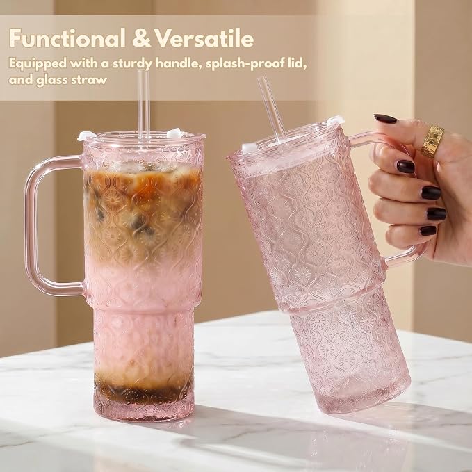 20 oz Pink Glass Tumbler with Lid and Straw, Glass Iced Coffee Cups, Spill-proof Glasses Tumbler with Handle, Hobnail Glasses Drinking Set of 2, Vintage Glassware for Cocktail, Smoothies - Image 2