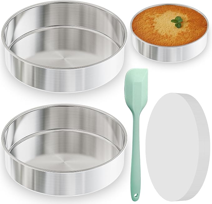 9½ Inch Round Cake Pan, 2PCS Stainless Steel Cake Pans &100 Parchment Paper | Nonstick Circle Round Cake Pans Tins for Birthday Baking Layer Cake, Healthy & Non-Toxic, Silicone Spatula & Dishwasher Safe by AWTBDP