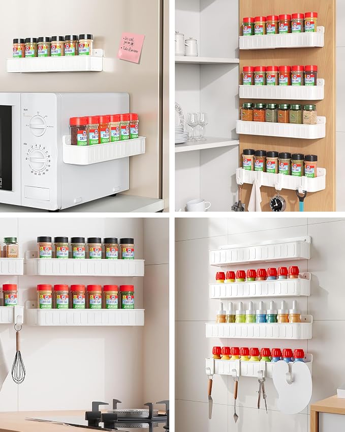 Nieifi Spice Rack Wall Mount, 4 Pack White, 2" Depth, Screw/Adhesive | Wall-Mounted with Removable Hooks Saves Counter Space, Fits 2" Deep Jars, Ideal for Kitchen Cabinets, Pantry Doors, and RVs. - Image 6