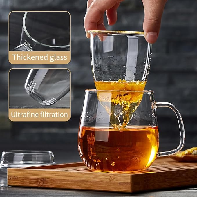 Large Glass Tea Cup, 34 oz Borosilicate Glass Tea Mug with Infuser and Lid, 1000ML Clear Tea Cups for Brewing Scented Tea and Tea Bag