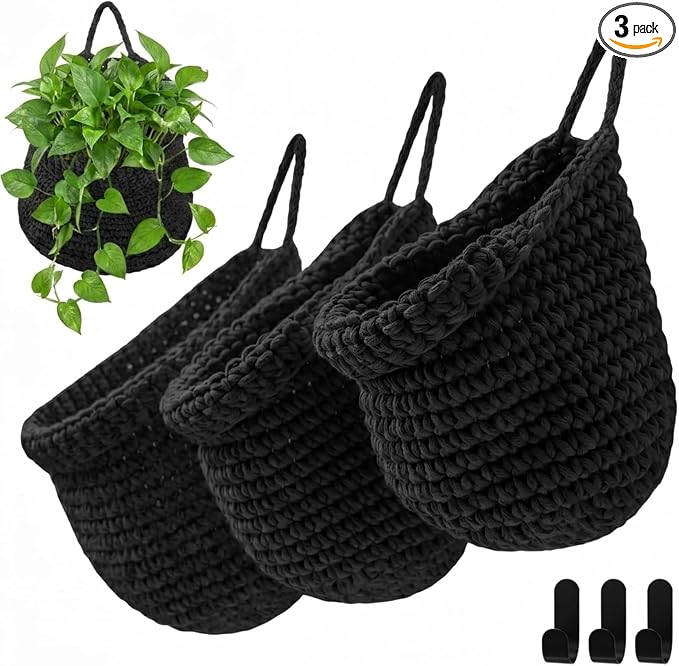 Honeydak Boho Decor Hanging Wall Baskets for Kitchen 3 Pack Teardrop Baskets with Hooks Storage Fruit Onion Vegetable Potato for Home 3 Sizes(Black,Barrel,Cotton Rope) by Honeydak