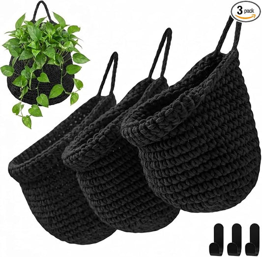 Honeydak Boho Decor Hanging Wall Baskets for Kitchen 3 Pack Teardrop Baskets with Hooks Storage Fruit Onion Vegetable Potato for Home 3 Sizes(Black,Barrel,Cotton Rope) by Honeydak