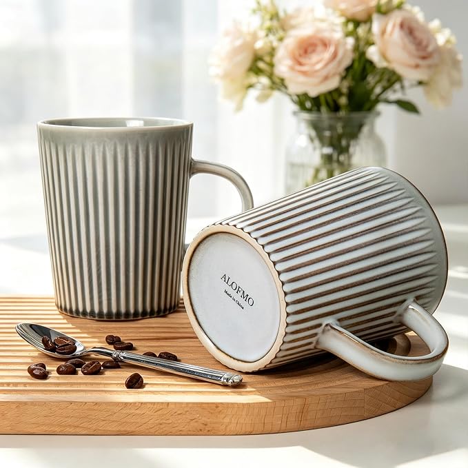 Coffee Mugs Set of 4, 18oz Large Striped Stoneware Coffee Cups with Handle | Handmade Ceramic Mugs Set for Women and Men, Dishwasher and Microwave Safe, Suitable for Hot Coffee, Tea, Cocoa, Milk, Glossy - Image 5