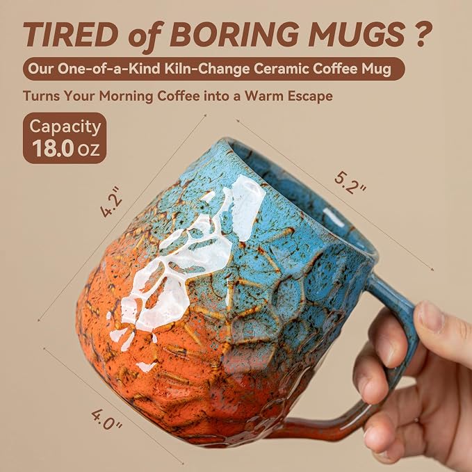 18oz Unique Blue & Orange Kiln-Change Ceramic Coffee Mug, Handcrafted Hammered Texture Ceramic Mug with Ergonomic Handle, Microwave & Dishwasher Safe, Gift for Coffee Lovers, Home Office Daily Use - Image 4
