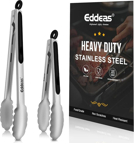 Eddeas Kitchen Tongs - 9" and 12" Tongs for cooking, Heat Resistant 600 Degrees Stainless Steel Metal Tong and Non-Slip Handle - Perfect for Cooking, Salad and BBQ, Set of 2 by Eddeas