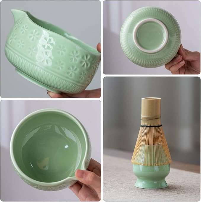 Matcha Whisk Set, Ceramic Matcha Kit Set Includes Matcha Bowl, Matcha Whisk and Holder, Bamboo Scoop, Scoop Rest, Sifter and Tea Towel - 7 Pcs Matcha Kit for Matcha Lovers (Green)