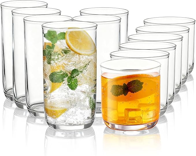 Kyraton Drinking Glasses Set of 12, PET Clear Plastic Highball Glasses 14oz & Whisky Cocktail Glasses Set 11.5oz, Heavy Duty Unbreakable Water Glasses Cup Tumbler Glassware for Beer, Juice, Milk by Kyraton