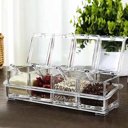 CLUQMEIK Clear Seasoning Box,4 Spice Jars Condiment Containers with Lids and 4Pcs Spoons 1Pcs Tray Seasoning Organizer for Salt, Sugar,Cardamon, Cinnamon,Cloves,Mustard,Nutmeg,Pepper and Tumeric by CLUQMEIK