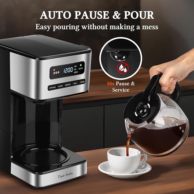 Taylor Swoden Programmable Coffee Maker 12 Cup, Black & Stainless Steel | Hot and Iced Coffee Maker, 4 Brew Strength, LED Display, 24H Timer, Keep Warm&Auto Shutoff- Drip Coffee Machine for Home - Image 7