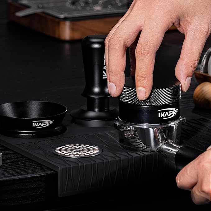IKAPE 53MM Coffee Tamper Set Black 6 IN 1, Espresso Tool Kit for Making Perfect Shots – Tamper, Distributor, Funnel, Mat, Screen, and Towel