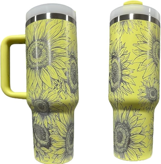 Tumbler, 40oz Tumbler, Western Tumbler, Engraved Cup with Handle, Cute Coffee Mug, 40oz Coffee Mug (Yellow(14)-Sunflowe(E))