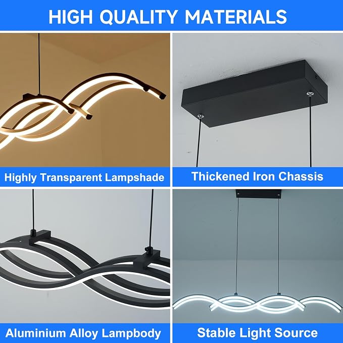 ORANOOR Modern LED Pendant Lights, Dimmable 39in Linear Wave LED Chandelier | Black Chandelier Dining Room Hanging Lighting Fixtures, Kitchen Island Linear Pendant Light for Dining Table, 4200lm Upgraded - Image 3