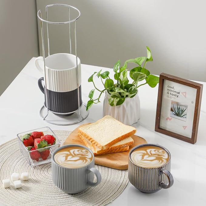 HASENSE Large Coffee Mug Set of 4 with Rack - 15 oz Stacking Ceramic Ribbed Latte Cups Set for Cappuccino, Tea, Hot Cocoa, Drinks - Dishwasher & Microwave Safe Assorted Colors - Image 2