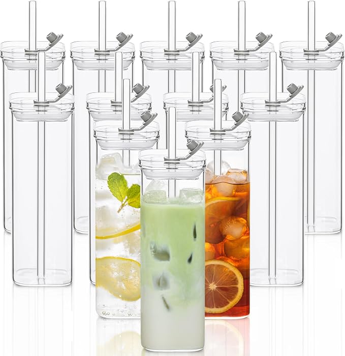 KEMORELA 12 Sets Square Drinking Glass Cups with Lids & Straws, 17 Oz Clear Highball Glasses for Cocktail, Iced Coffee, Juice, Beer - Modern Glass Tumblers by KEMORELA