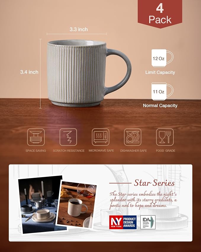 famiware Coffee Mug Set for 4, Star 12 oz Catering Mugs Cup Set with Handle for Coffee, Tea, Cocoa, Milk - Ceramic Stoneware Drinkware Set, Matte Grey - Image 4