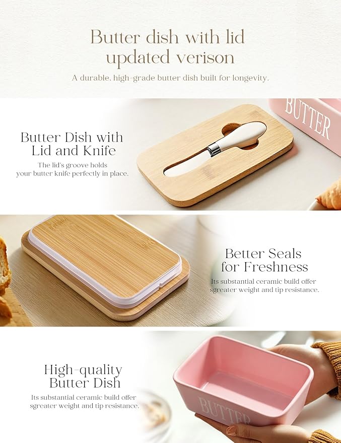 Ceramic Butter Dish with Lid and Knife & Silicone Seal for Countertop Pink | Suitable Capacity, Great Sealing, Home Decor Kitchen Gift Housewarming Gift - Image 4