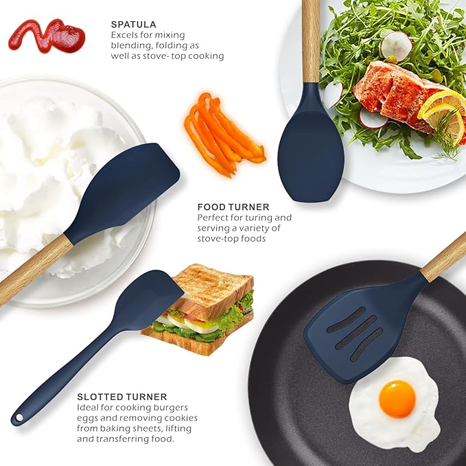 oannao Silicone Cooking Utensils Set - 446°F Heat Resistant Silicone Kitchen Utensils for Cooking,Kitchen Utensil Spatula Set w Wooden Handles, BPA FREE Gadgets for Non-Stick Cookware (Navy Blue) - Image 3