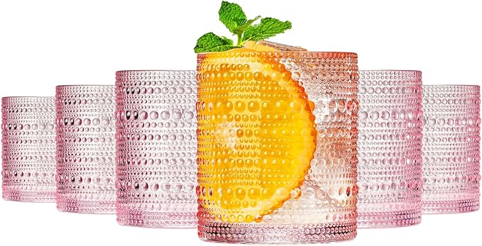 Khen Hobnail Beaded Highball Drinking Tumbler Glasses | Set of 6 | Pastel Pink Color, Vintage Bubble Design Whiskey Glassware, Rocks Glasses by Khen