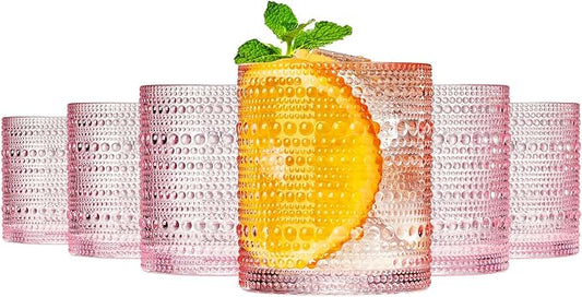 Khen Hobnail Beaded Highball Drinking Tumbler Glasses | Set of 6 | Pastel Pink Color, Vintage Bubble Design Whiskey Glassware, Rocks Glasses by Khen