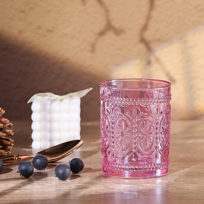 abrwyy Pink Glassware set of 4, Vintage Drinking Glasses, 10oz Pink Heavy Duty Glass Cups, Old Fashioned Glass, Embossed Glasses Set for Party Wedding Home Office Glassesware Gift - Image 3