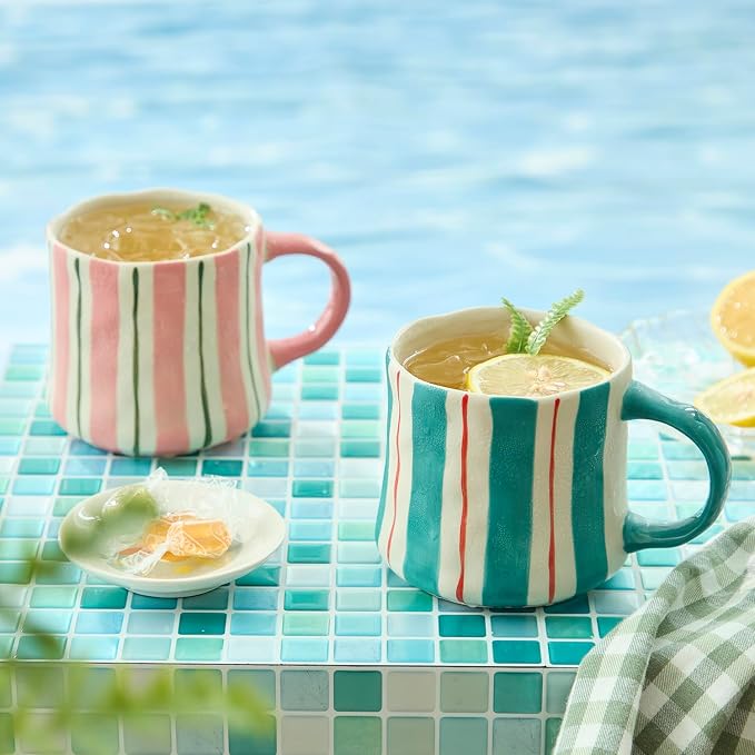 Hand-Painted Ceramic Coffee Mugs Set of 4 – 16oz Large Capacity Artistic Tea Cups with Checkerboard & Striped Patterns, Microwave & Dishwasher Safe for Home, Office, Kitchen (Summer Vibes Collection) - Image 6