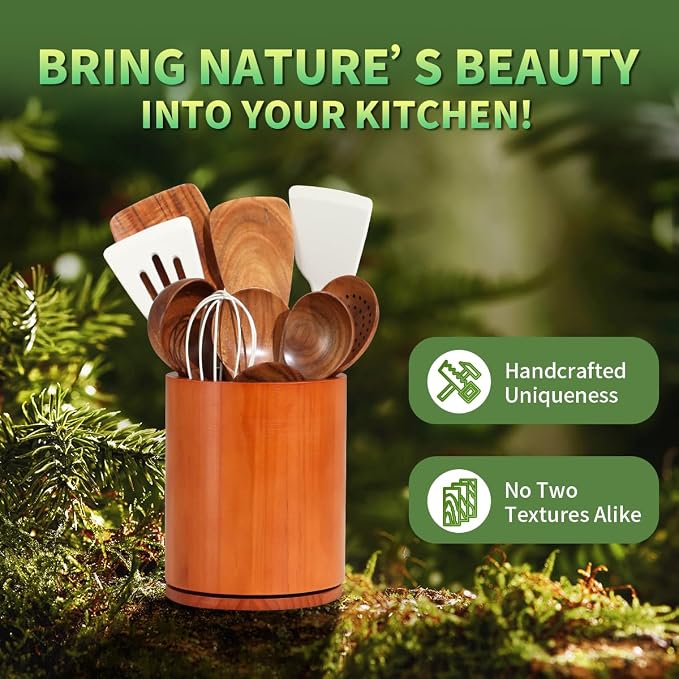 Wood Utensil Holder, 360° Rotating 7.3 in Kitchen Organizer | Rustic farmhouse countertop decor. 360° rotating base holds spatulas, ladles, tongs, and cooking tools. Rich cherry finish - Image 7