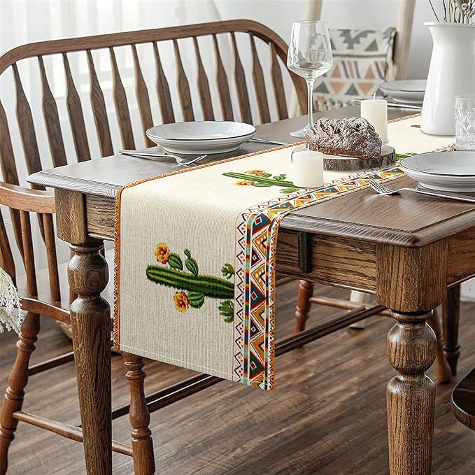 jejeloiu Green Cactus Table Runner,13" x 91" Boho Western Dresser Scarfs Aztec Decor Dresser Runners Southwestern Table Decor for Kitchen - Image 4