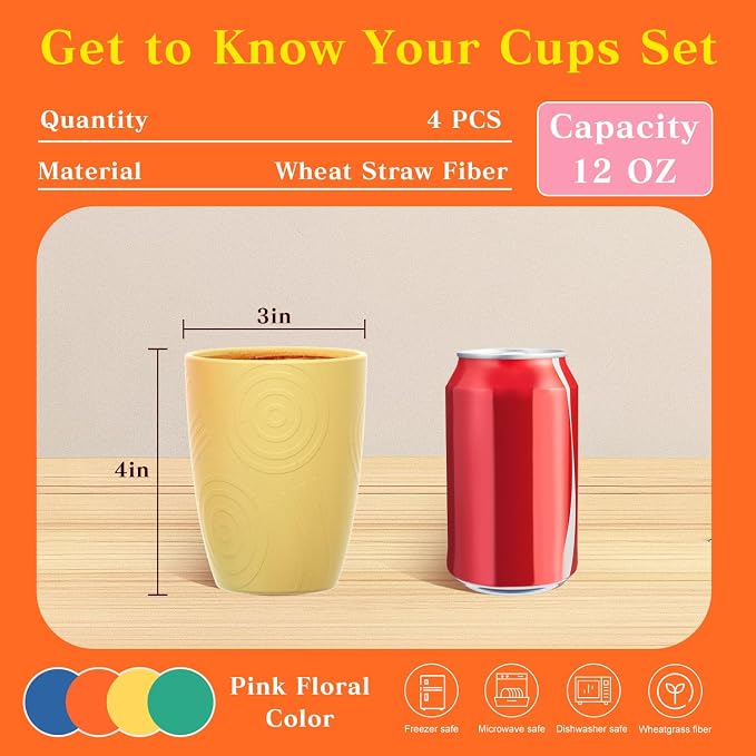 Homienly Plastic Cups Alternative Wheat Straw Drinking Glasses 4-Pack | 12 oz Unbreakable & Reusable Plastic Cups, Microwave Safe | Everyday Kids Tumblers & Kitchen Accessories (Multi-Color) - Image 2