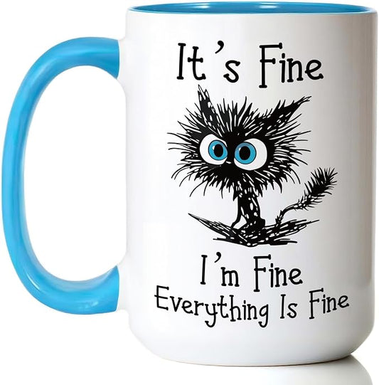 Funny Black Cat Coffee Mug, 15oz I Am Fine Everything's Fine Mug | Microwave & Dishwasher Safe, Gag Gift for Cat Lovers, Large Ceramic Mug, Double-Sided Print by Powond-MakeLifeYourWay